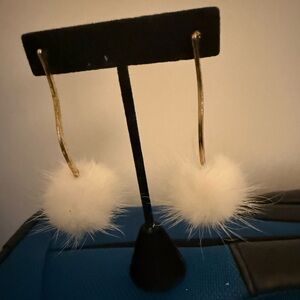 NWOT Genuine White Mink Pom Pom Dangling Gold-Tone Post Earrings.